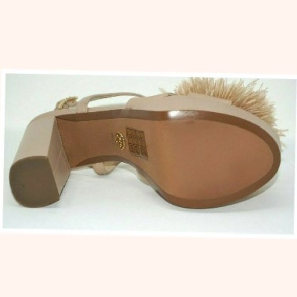 Michael Kors Fara Nude Leather Pom Pom Feather Platform Sandals Shoes Size 10 - Picture 8 of 8